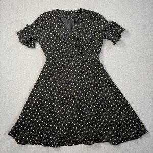 SPAO Women's Small Black Yellow Floral Ruffle Sleeve V-Neck Mini Dress Flare